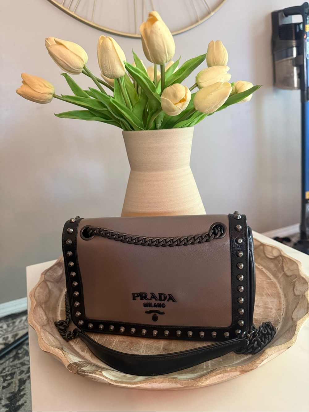 Prada Taupe and Black Studded Chain Shoulder Bag